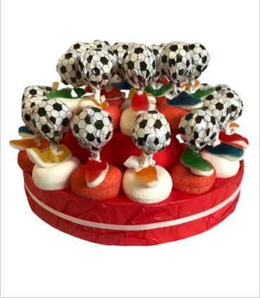 Verjaardag - Kinderfeest  - Snoeptaart - Trakteertaart  - Voetbaltaart - Rood - In cadeauverpakking met gekleurd lint