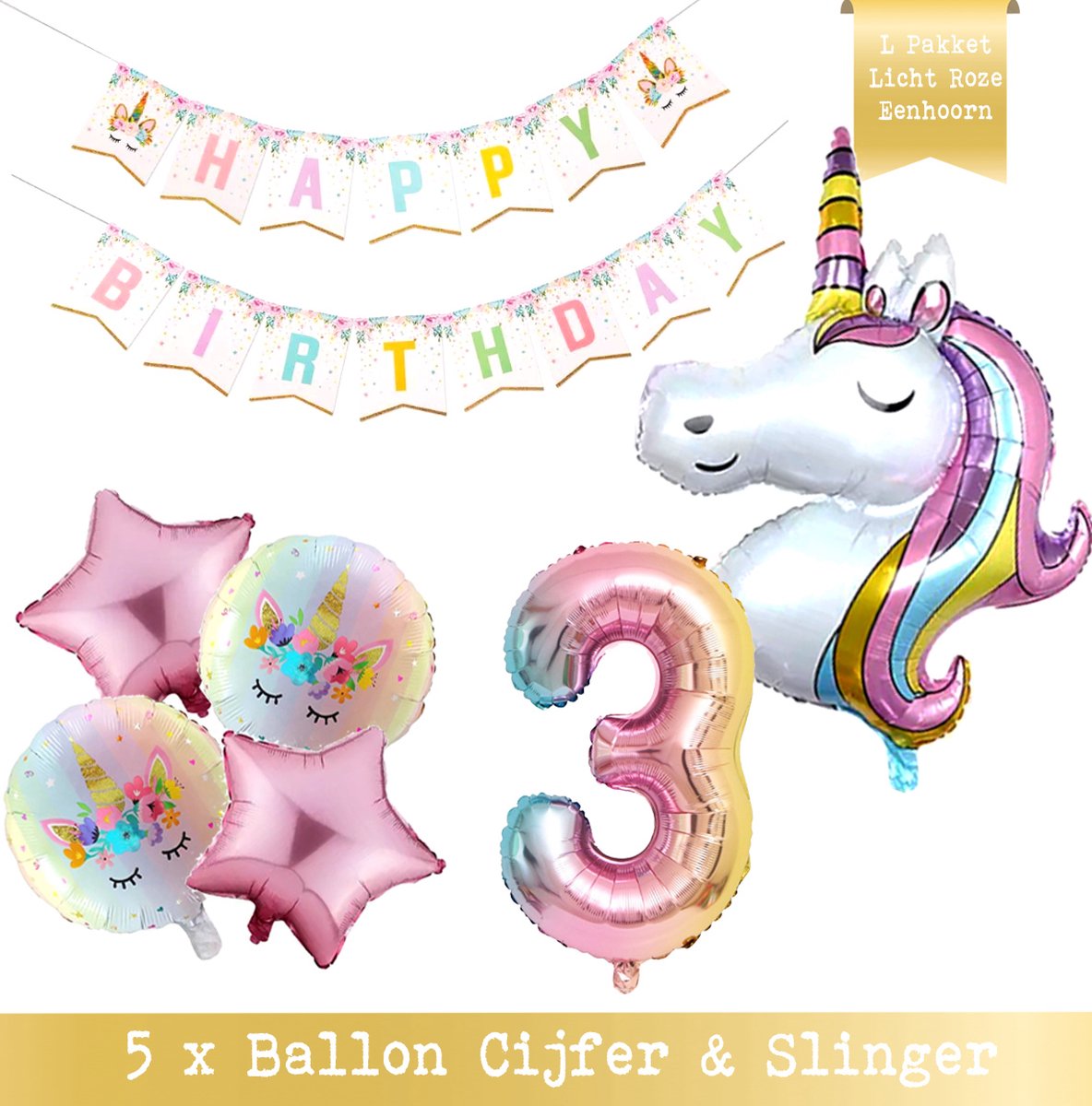 * Snoes * Cijfer 3 ballon Unicorn Plus Pack * Eenhoorn Licht Roze * DIY Slinger* Set van 7 * Grotere Ballonnen en DIY Slinger * Unicorn Licht 3 * Eerste verjaardag * Hoera 3 Jaar * Birthday * Ballon Cijfer 3