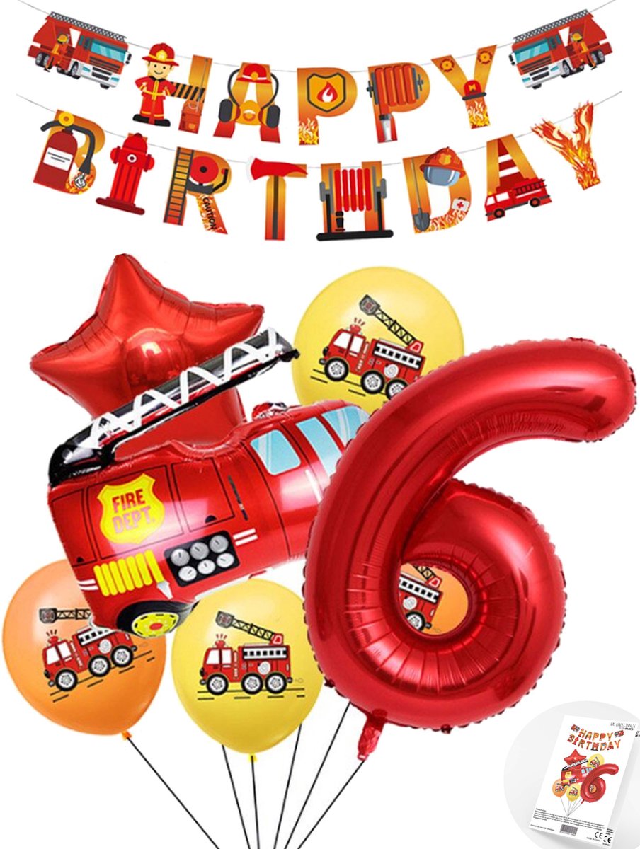 Cijfer ballon 6 jaar Pluspakket Brandweer Ballonnen -Happy Birthday Slinger - Helium Ballon - Snoes