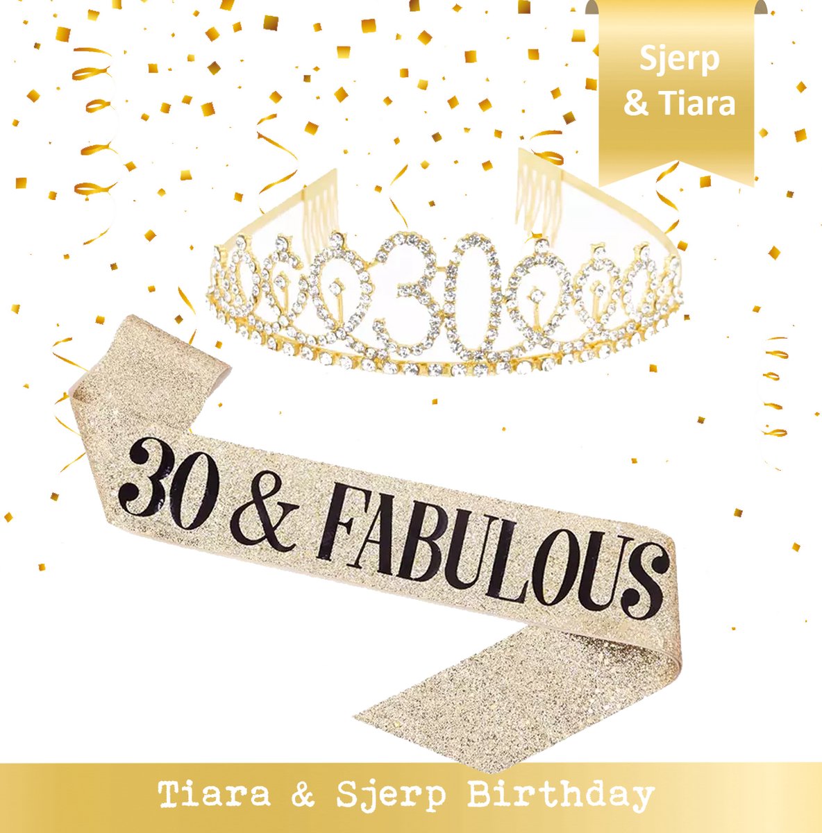 Snoes * 30 and Fabulous Verjaardag Kroon Tiara en Glitter Sjerp * Goud Tiara en Kroon * Black & Gold * Jarige versiering * Dress up for your Birthday * Dertigste Verjaardag