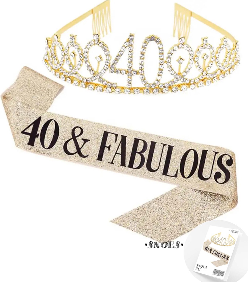 Snoes * 40 and Fabulous Verjaardag Kroon Tiara en Glitter Sjerp * Goud Tiara en Kroon * Black & Gold * Jarige versiering * Dress up for your Birthday * Veertigste Verjaardag