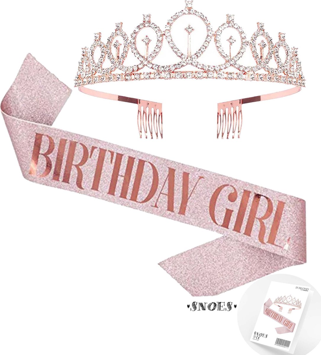 Snoes * Rose Goud Verjaardag Kroon Tiara en Sjerp * Birthday Girl * Rose Gold/Glitter * Jarige versiering * Dress up for your Birthday *