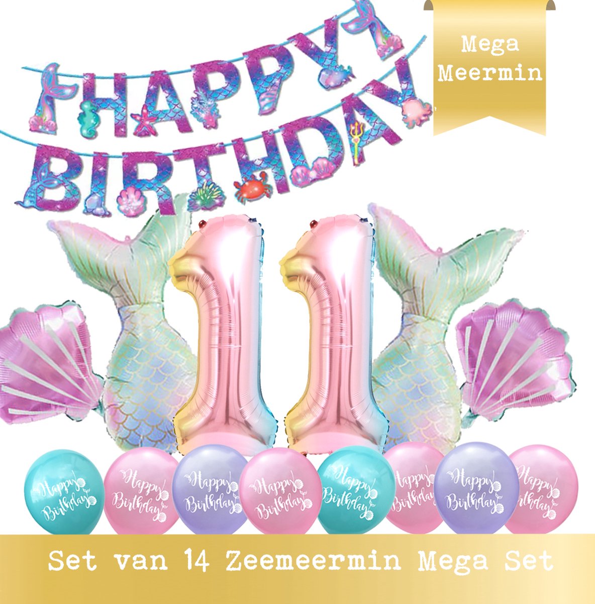 Snoes - Cijfer Folie Ballon - 11 Jaar Ballon - Zeemeermin Mermaid Mega pakket inclusief Slinger - Verjaardag - Meisje - Birthday Girl - Happy Birthday - Verjaardag 11 Jaar