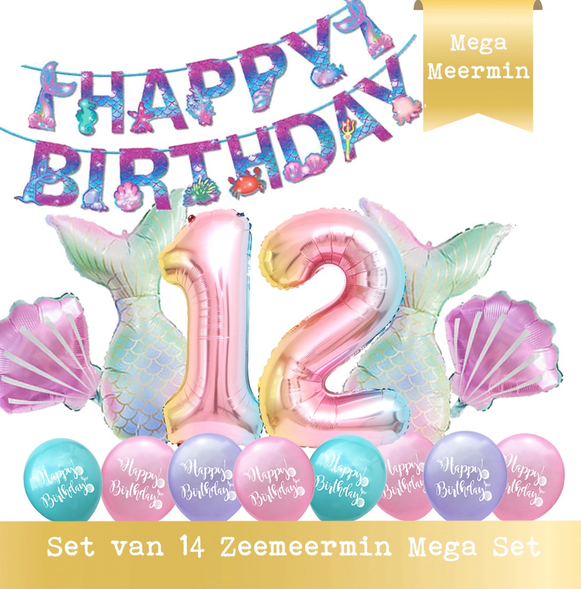 Snoes - Cijfer Folie Ballon - 12 Jaar Ballon - Zeemeermin Mermaid Mega pakket inclusief Slinger - Verjaardag - Meisje - Birthday Girl - Happy Birthday - Verjaardag 12 Jaar