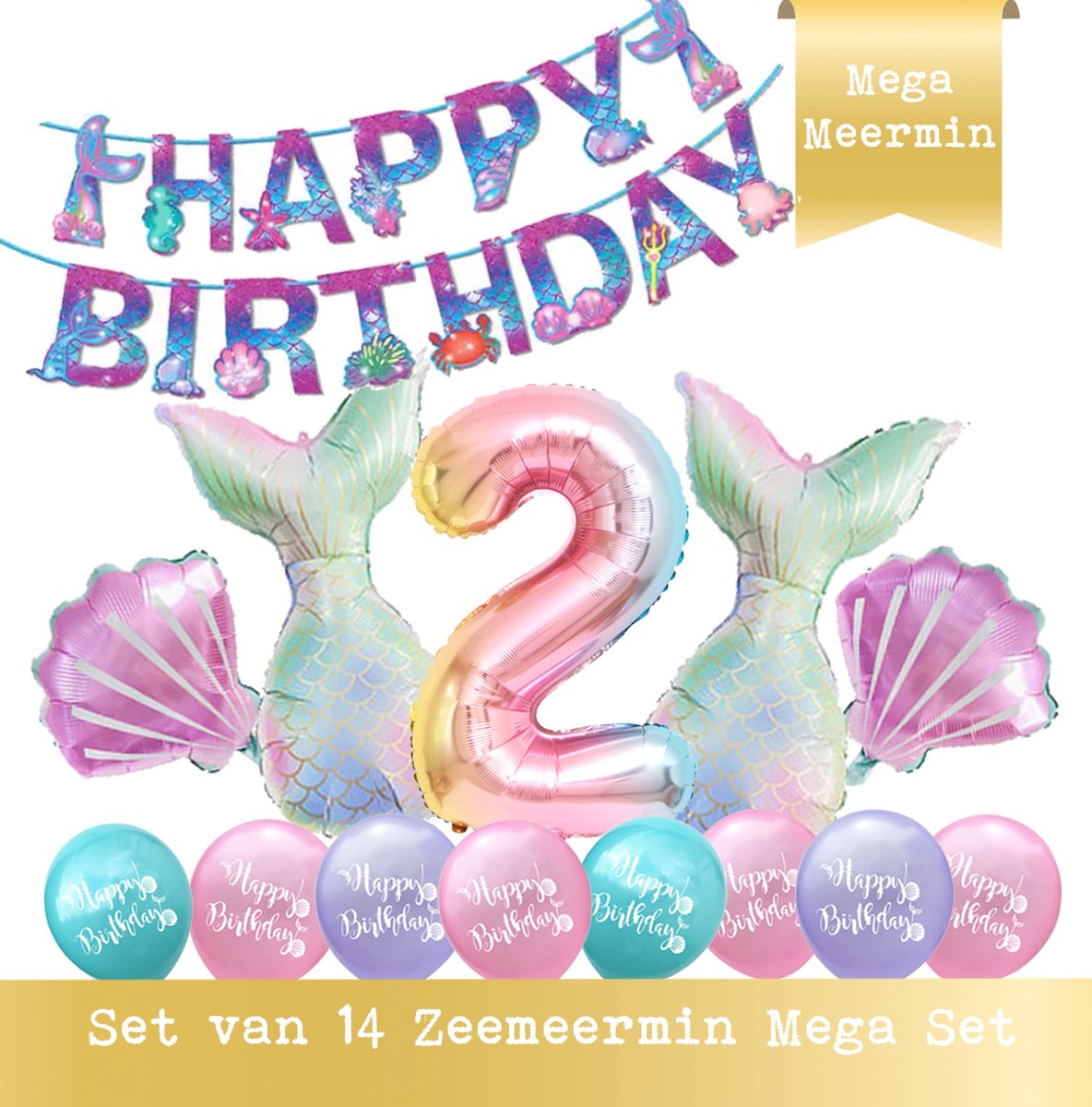 Snoes - Cijfer Folie Ballon - 2 Jaar Ballon - Zeemeermin Mermaid Mega pakket inclusief Slinger - Verjaardag - Meisje - Birthday Girl - Happy Birthday