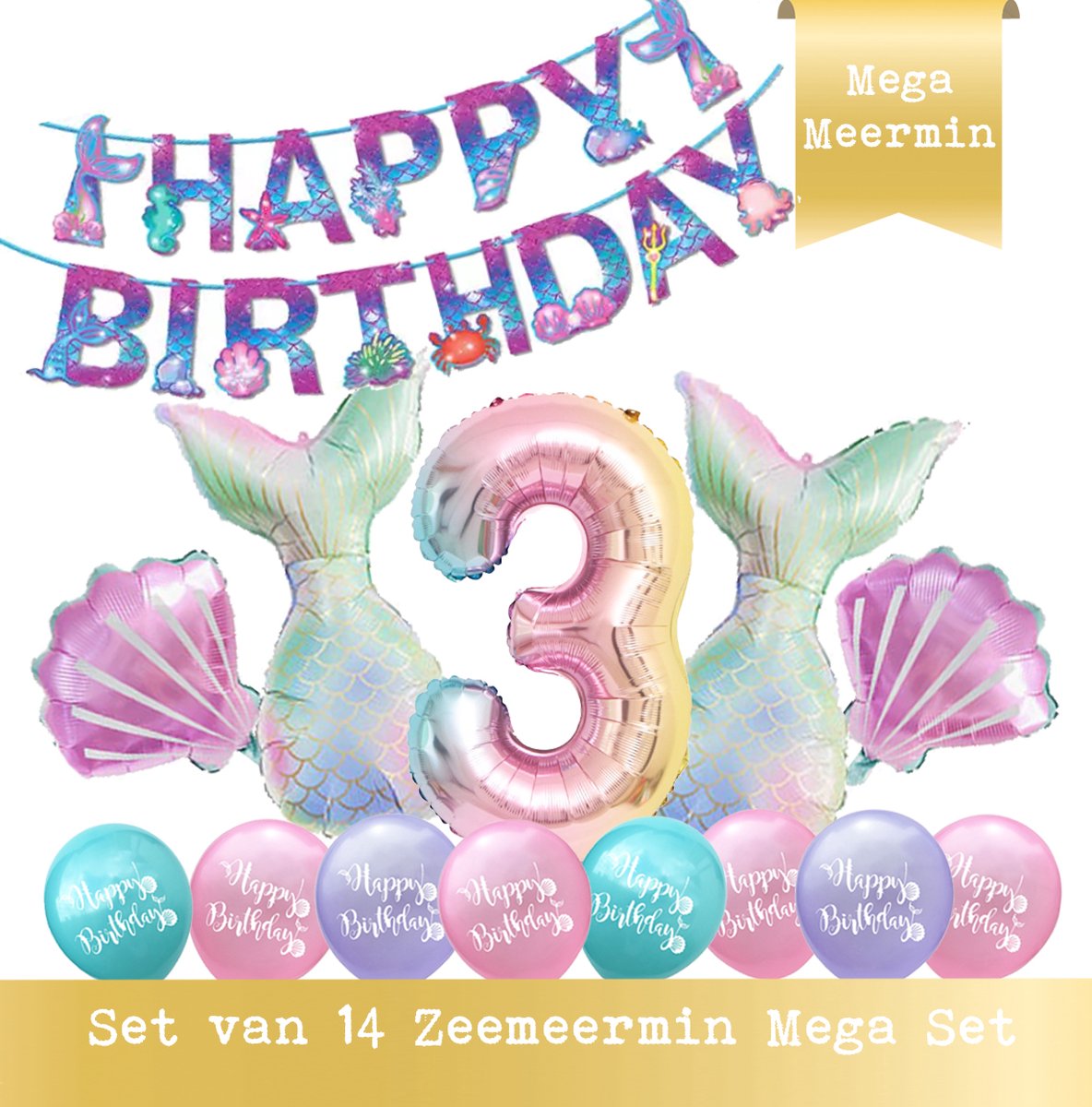 Snoes - Cijfer Folie Ballon - 3 Jaar Ballon - Zeemeermin Mermaid Mega pakket inclusief Slinger - Verjaardag - Meisje - Birthday Girl - Happy Birthday - 3 Jaar