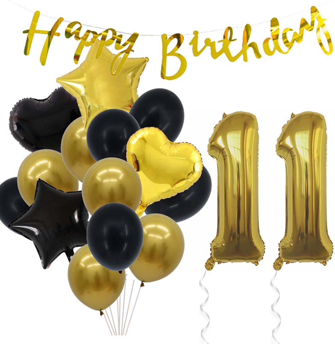 Snoes Ballonnen 11 Jaar Feestpakket – Versiering – Verjaardag Set Goldie Cijferballon 11 Jaar -Heliumballon