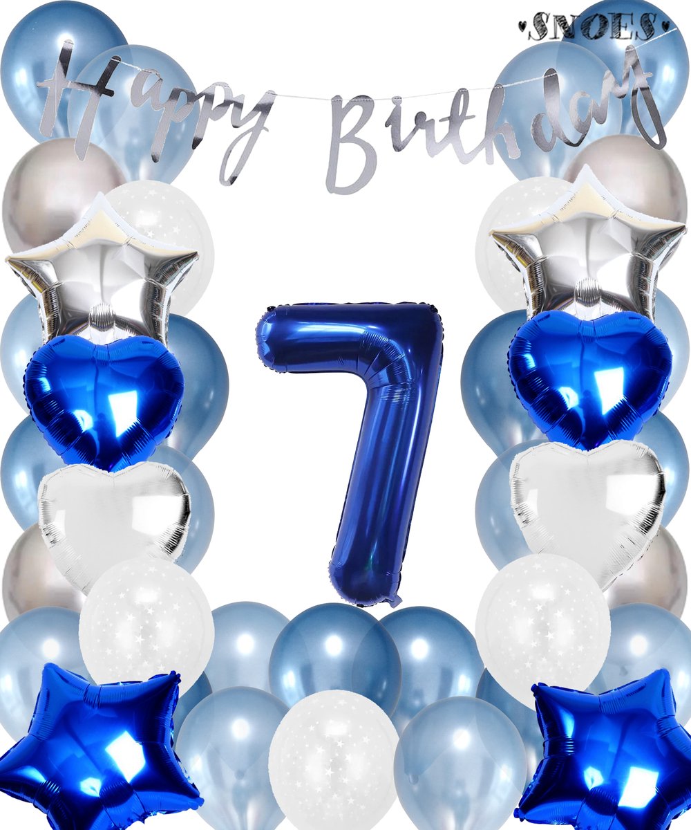 Snoes Ballonnen 7 Jaar Set Mega Blauw Zilver Ballon - Compleet Feestpakket Cijferballon 7 Jaar - Verjaardag Versiering Slinger Happy Birthday – Folieballon – Latex Ballonnen - Helium Ballonnen