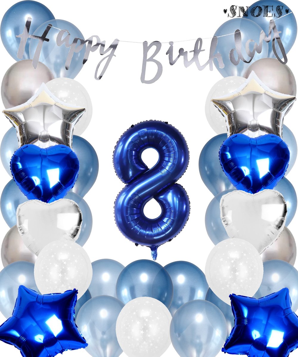 Snoes Ballonnen 8 Jaar Set Mega Blauw Zilver Ballon - Compleet Feestpakket Cijferballon 8 Jaar - Verjaardag Versiering Slinger Happy Birthday – Folieballon – Latex Ballonnen - Helium Ballonnen