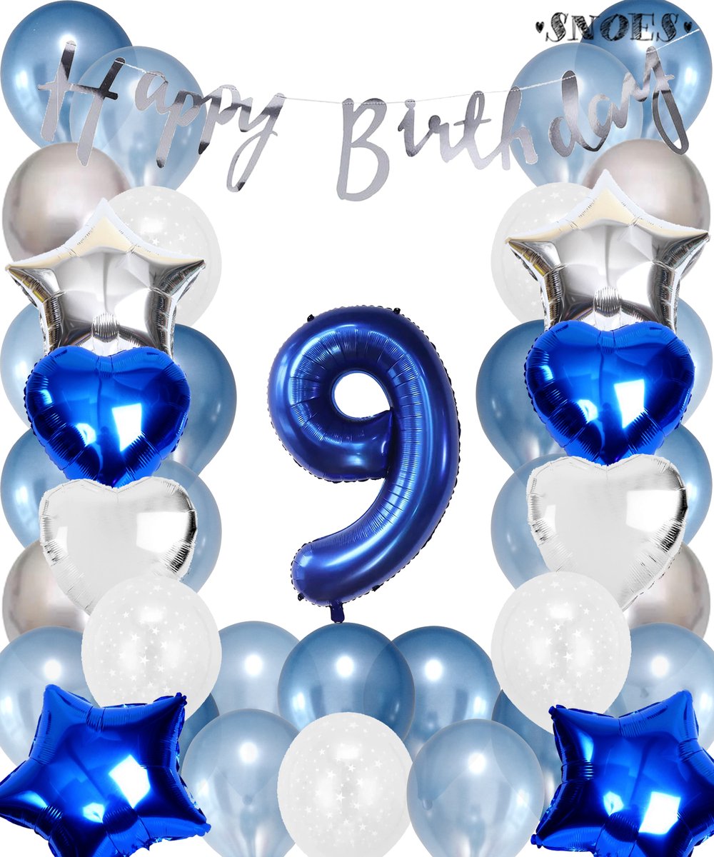 Snoes Ballonnen 9 Jaar Set Mega Blauw Zilver Ballon - Compleet Feestpakket Cijferballon 9 Jaar - Verjaardag Versiering Slinger Happy Birthday – Folieballon – Latex Ballonnen - Helium Ballonnen