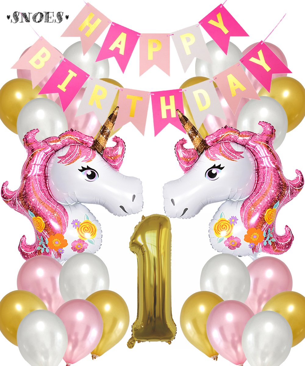 Snoes Ballonnen Set Unicorn 1 Jaar - Verjaardag Versiering Slinger - Folieballon - Helium Ballonnen