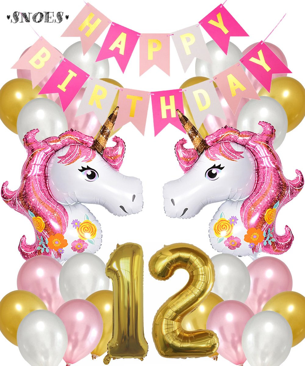 Snoes Ballonnen Set Unicorn 12 Jaar - Verjaardag Versiering Slinger - Folieballon - Helium Ballonnen