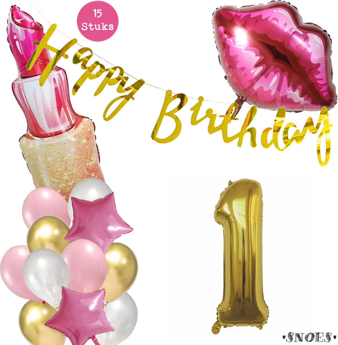 Snoes Beauty Helium Ballonnen Set 1 Jaar - Roze en Gouden Folieballonnen - Verjaardag Versiering - Slinger Goud