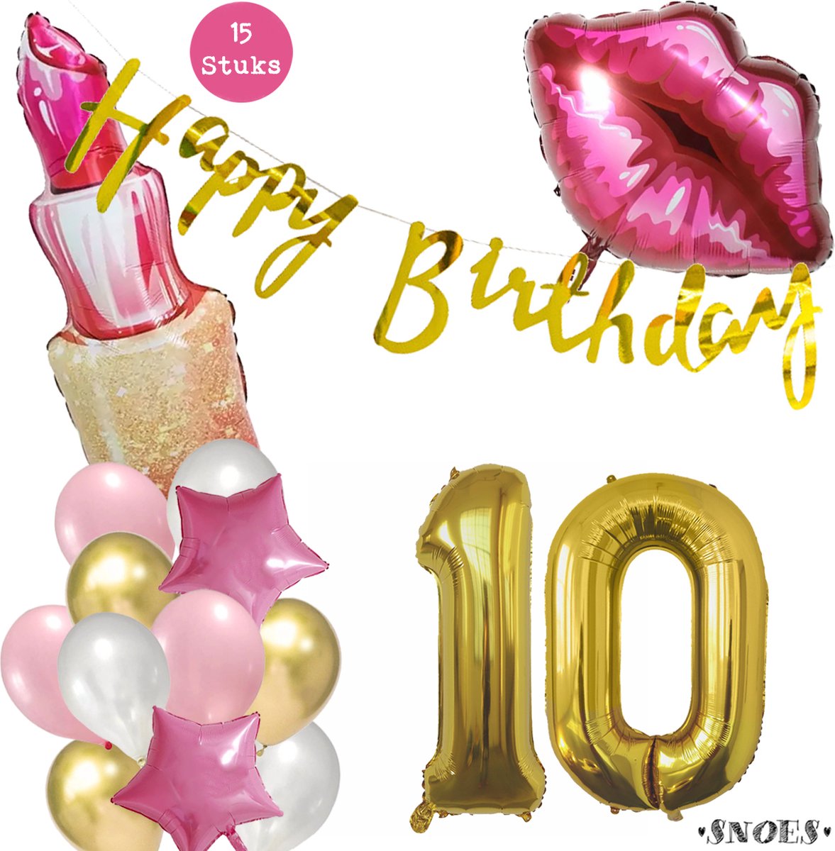 Snoes Beauty Helium Ballonnen Set 10 Jaar - Roze en Gouden Folieballonnen - Verjaardag Versiering - Slinger Goud