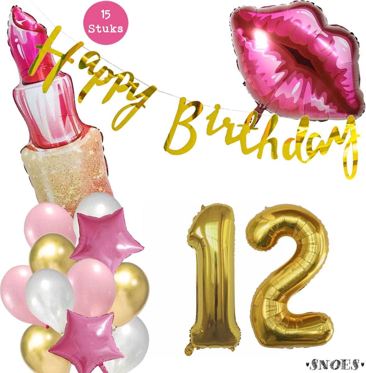 Snoes Beauty Helium Ballonnen Set 12 Jaar - Roze en Gouden Folieballonnen - Verjaardag Versiering - Slinger Goud