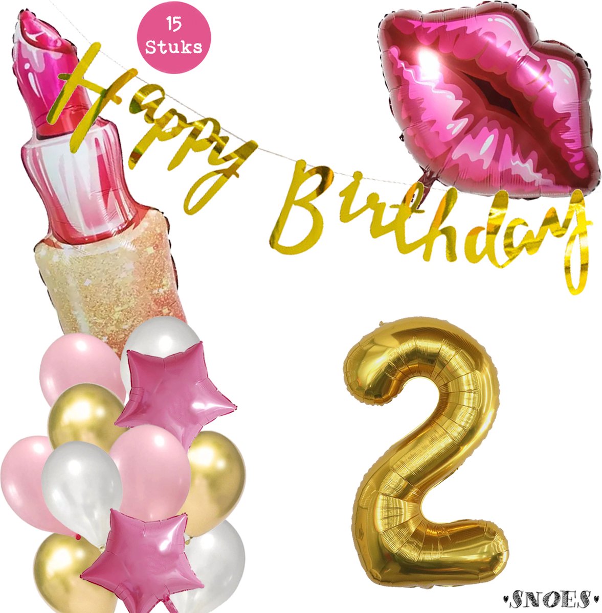 Snoes Beauty Helium Ballonnen Set 2 Jaar - Roze en Gouden Folieballonnen - Verjaardag Versiering - Slinger Goud