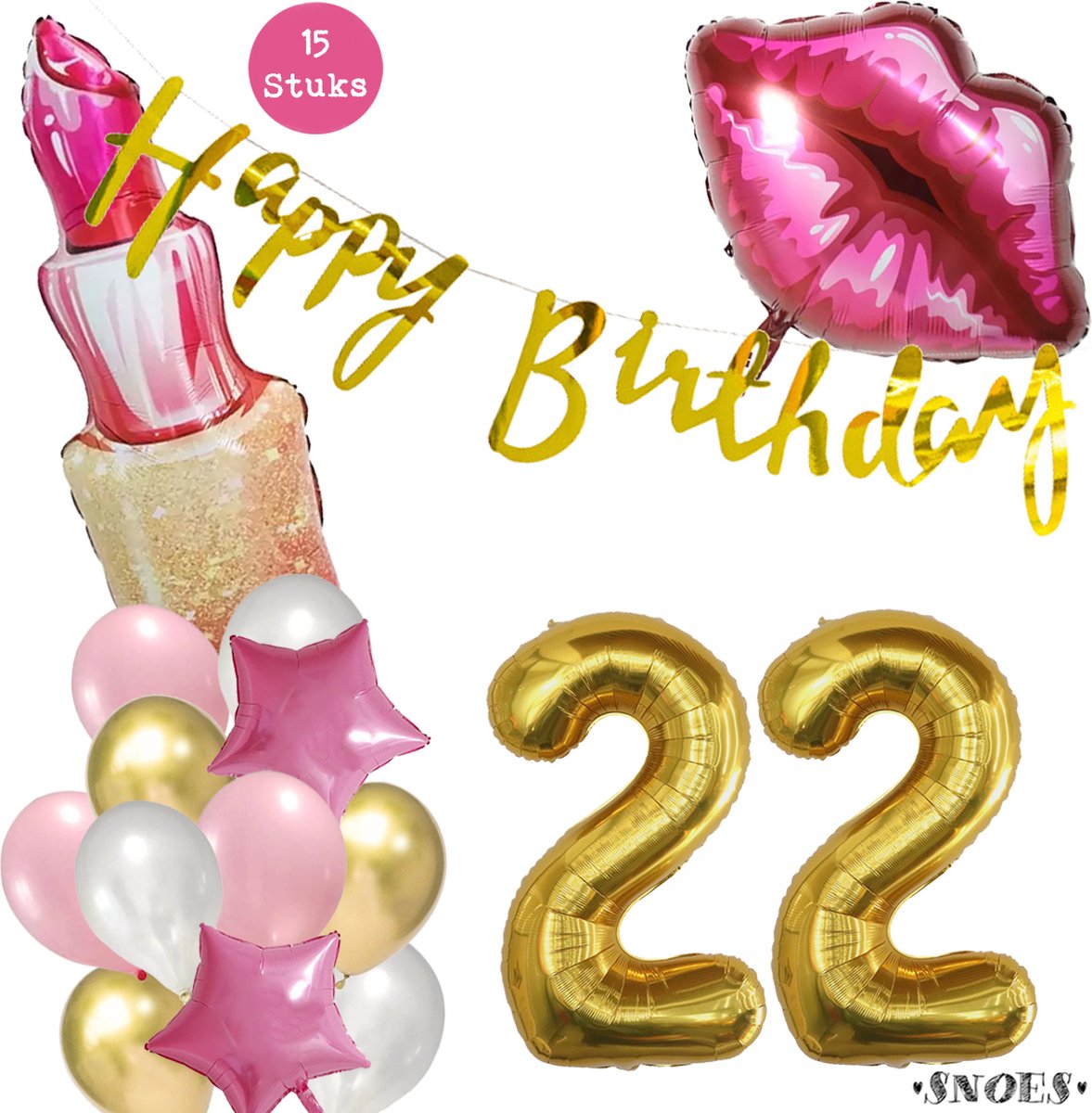 Snoes Beauty Helium Ballonnen Set 22 Jaar - Roze en Gouden Folieballonnen - Verjaardag Versiering - Slinger Goud