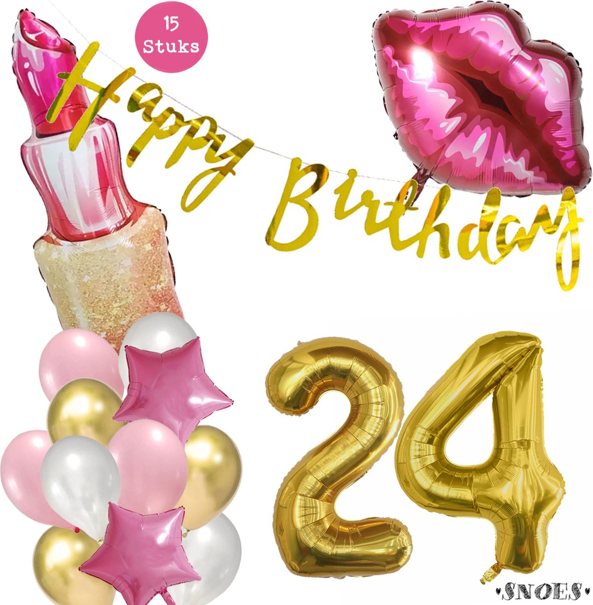 Snoes Beauty Helium Ballonnen Set 24 Jaar - Roze en Gouden Folieballonnen - Verjaardag Versiering - Slinger Goud