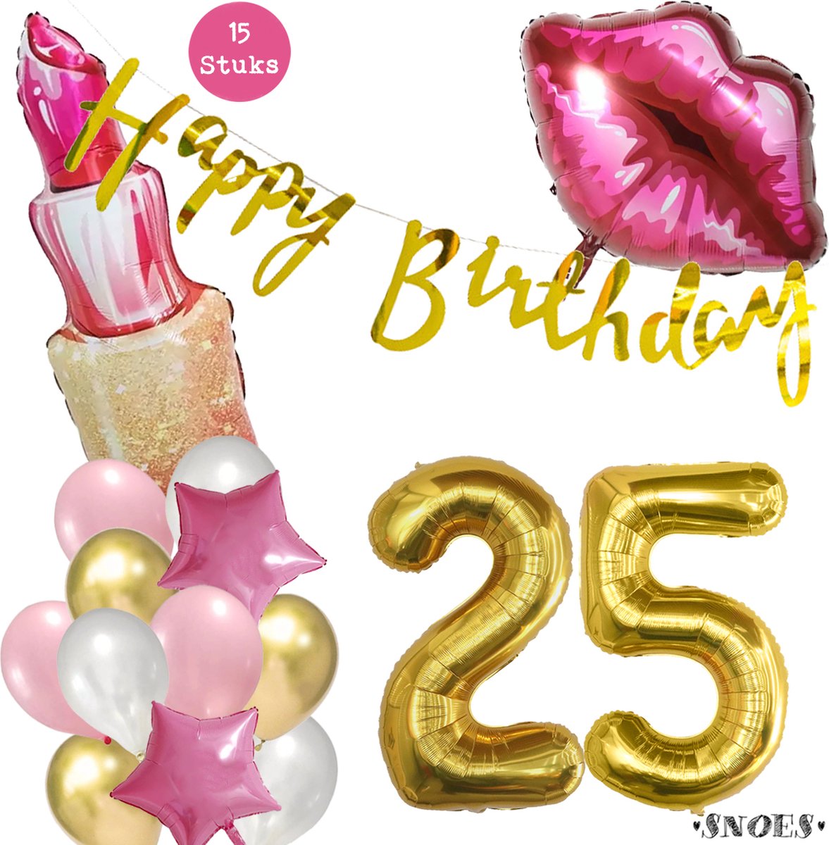 Snoes Beauty Helium Ballonnen Set 25 Jaar - Roze en Gouden Folieballonnen - Verjaardag Versiering - Slinger Goud