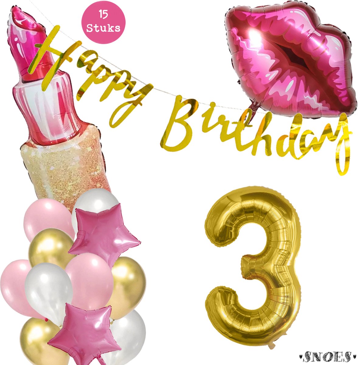 Snoes Beauty Helium Ballonnen Set 3 Jaar - Roze en Gouden Folieballonnen - Verjaardag Versiering - Slinger Goud