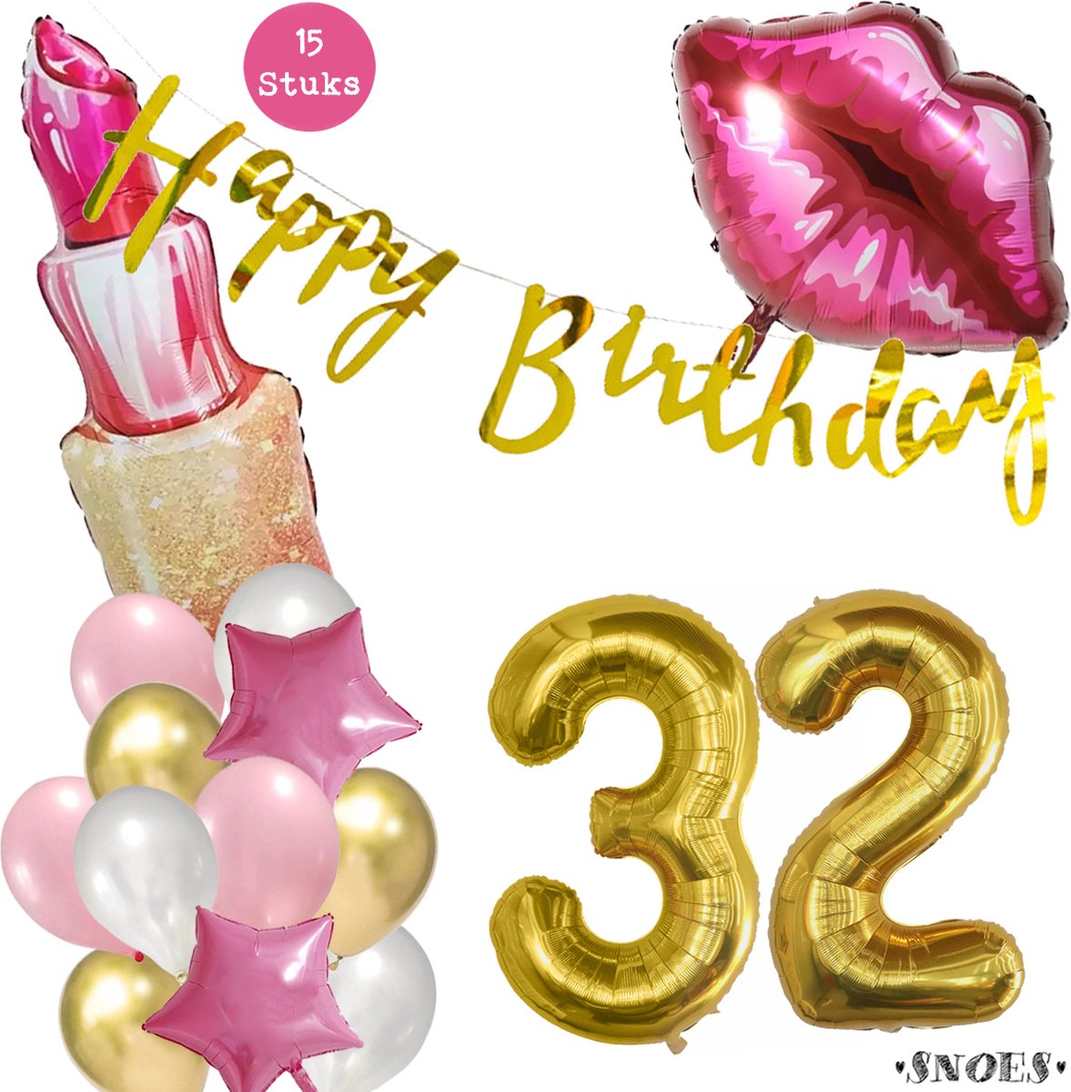 Snoes Beauty Helium Ballonnen Set 32 Jaar - Roze en Gouden Folieballonnen - Verjaardag Versiering - Slinger Goud