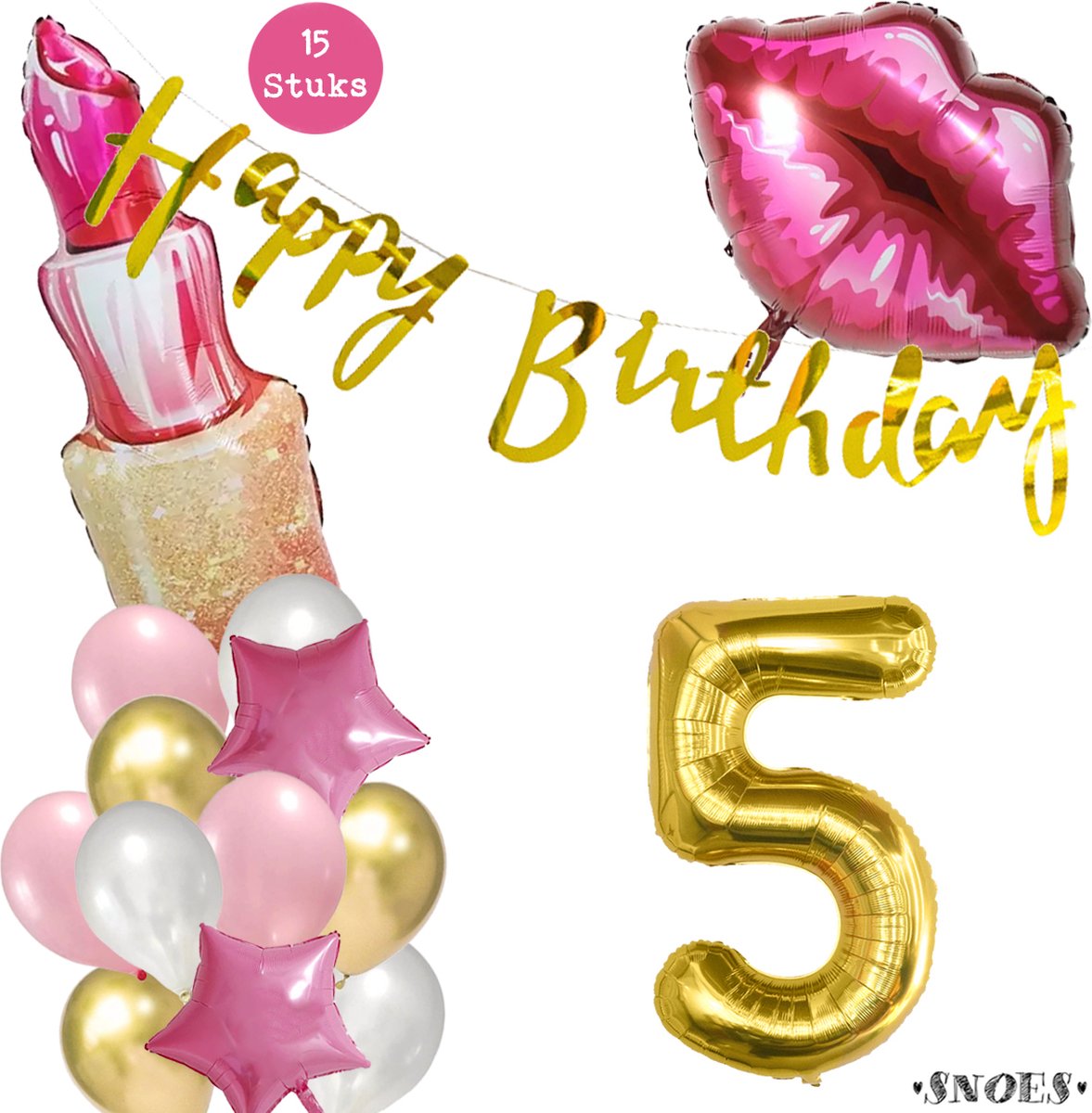 Snoes Beauty Helium Ballonnen Set 5 Jaar - Roze en Gouden Folieballonnen - Verjaardag Versiering - Slinger Goud