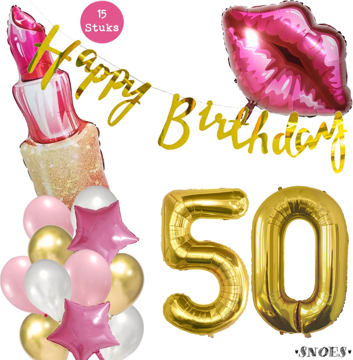 Snoes Beauty Helium Ballonnen Set 50 Jaar - Roze en Gouden Folieballonnen - Verjaardag Versiering - Slinger Goud