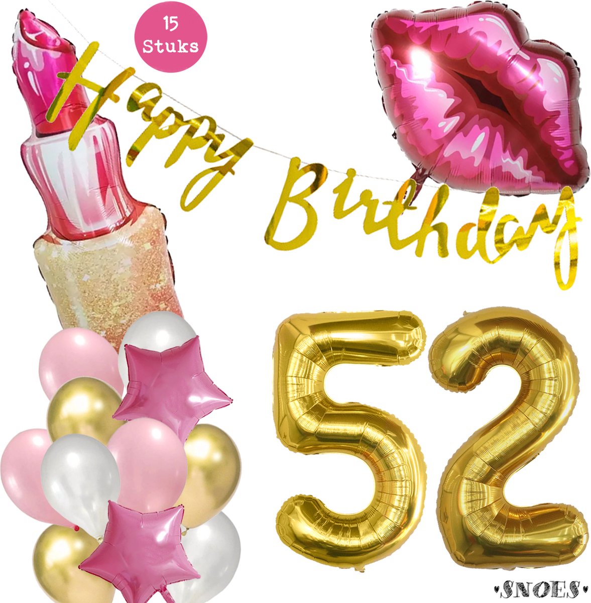 Snoes Beauty Helium Ballonnen Set 52 Jaar - Roze en Gouden Folieballonnen - Verjaardag Versiering - Slinger Goud