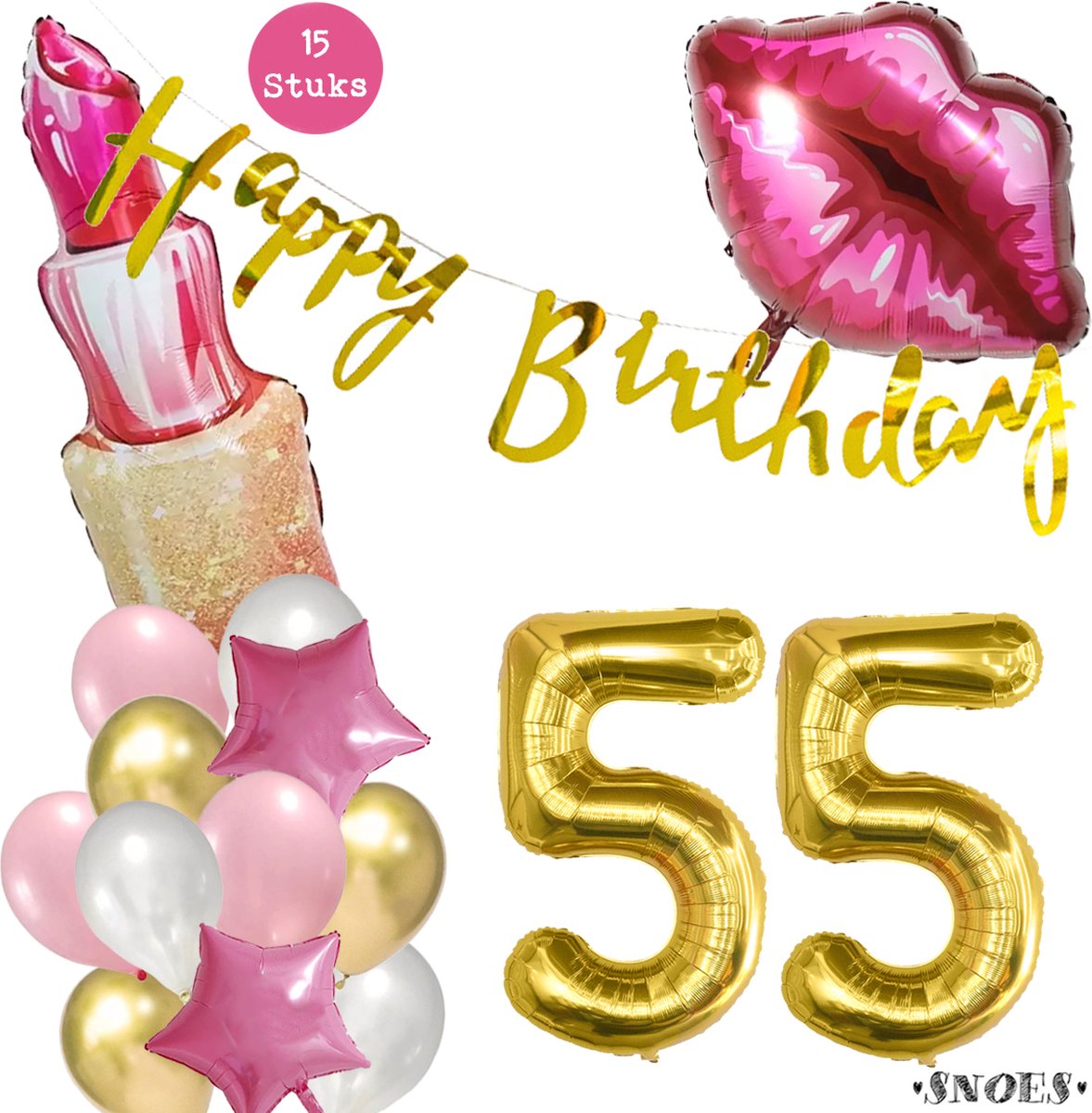 Snoes Beauty Helium Ballonnen Set 55 Jaar - Roze en Gouden Folieballonnen - Verjaardag Versiering - Slinger Goud