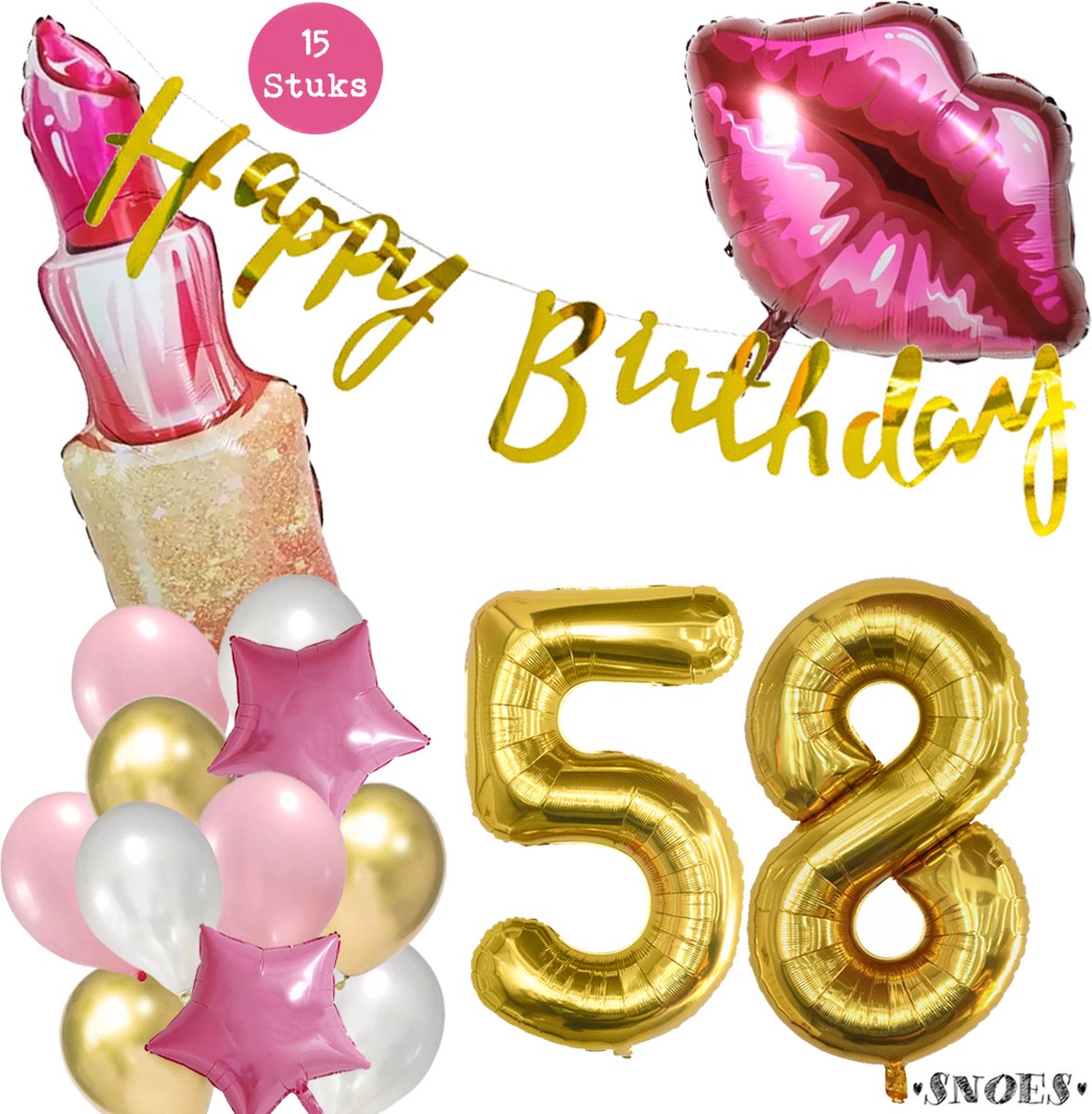 Snoes Beauty Helium Ballonnen Set 58 Jaar - Roze en Gouden Folieballonnen - Verjaardag Versiering - Slinger Goud