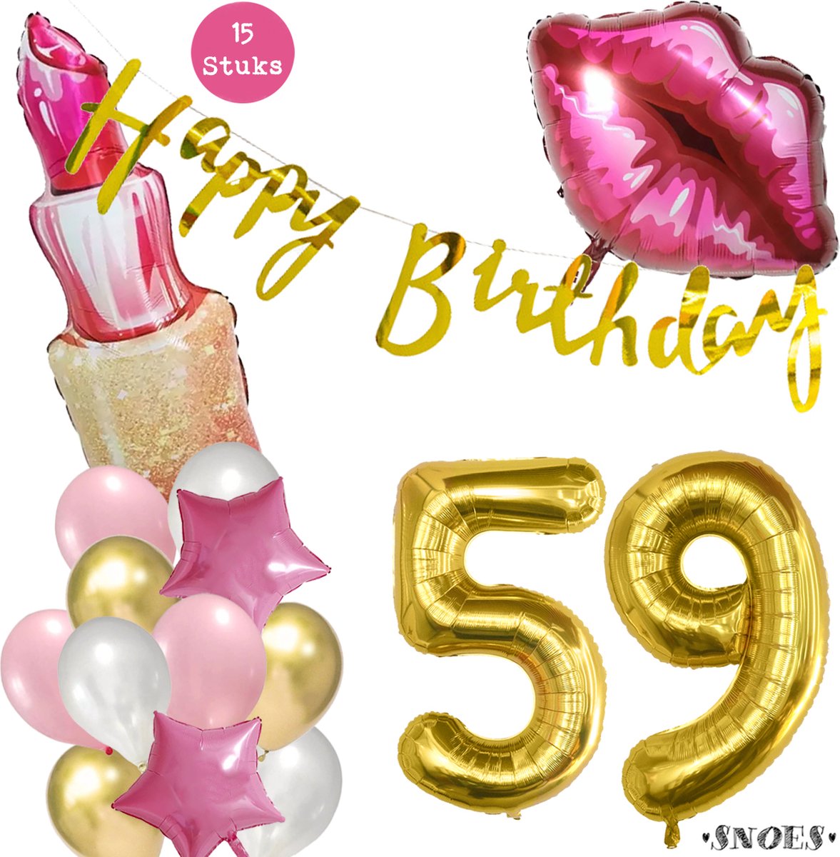 Snoes Beauty Helium Ballonnen Set 59 Jaar - Roze en Gouden Folieballonnen - Verjaardag Versiering - Slinger Goud