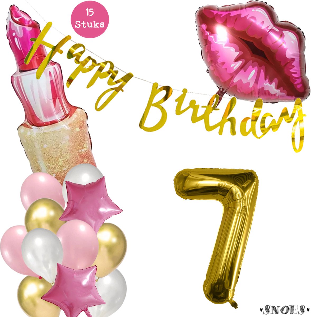 Snoes Beauty Helium Ballonnen Set 7 Jaar - Roze en Gouden Folieballonnen - Verjaardag Versiering - Slinger Goud