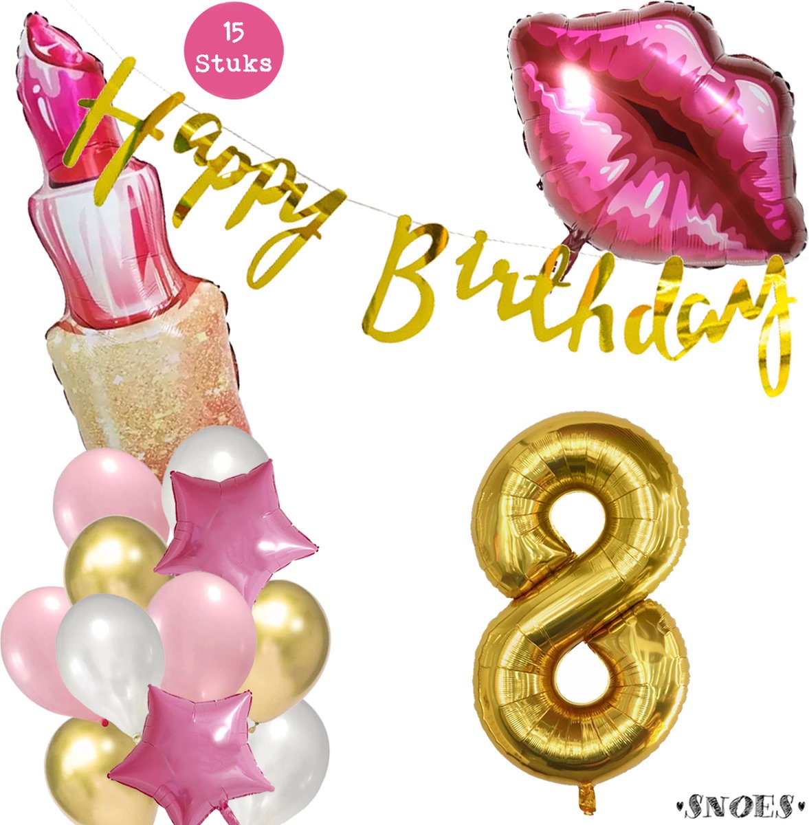 Snoes Beauty Helium Ballonnen Set 8 Jaar - Roze en Gouden Folieballonnen - Verjaardag Versiering - Slinger Goud