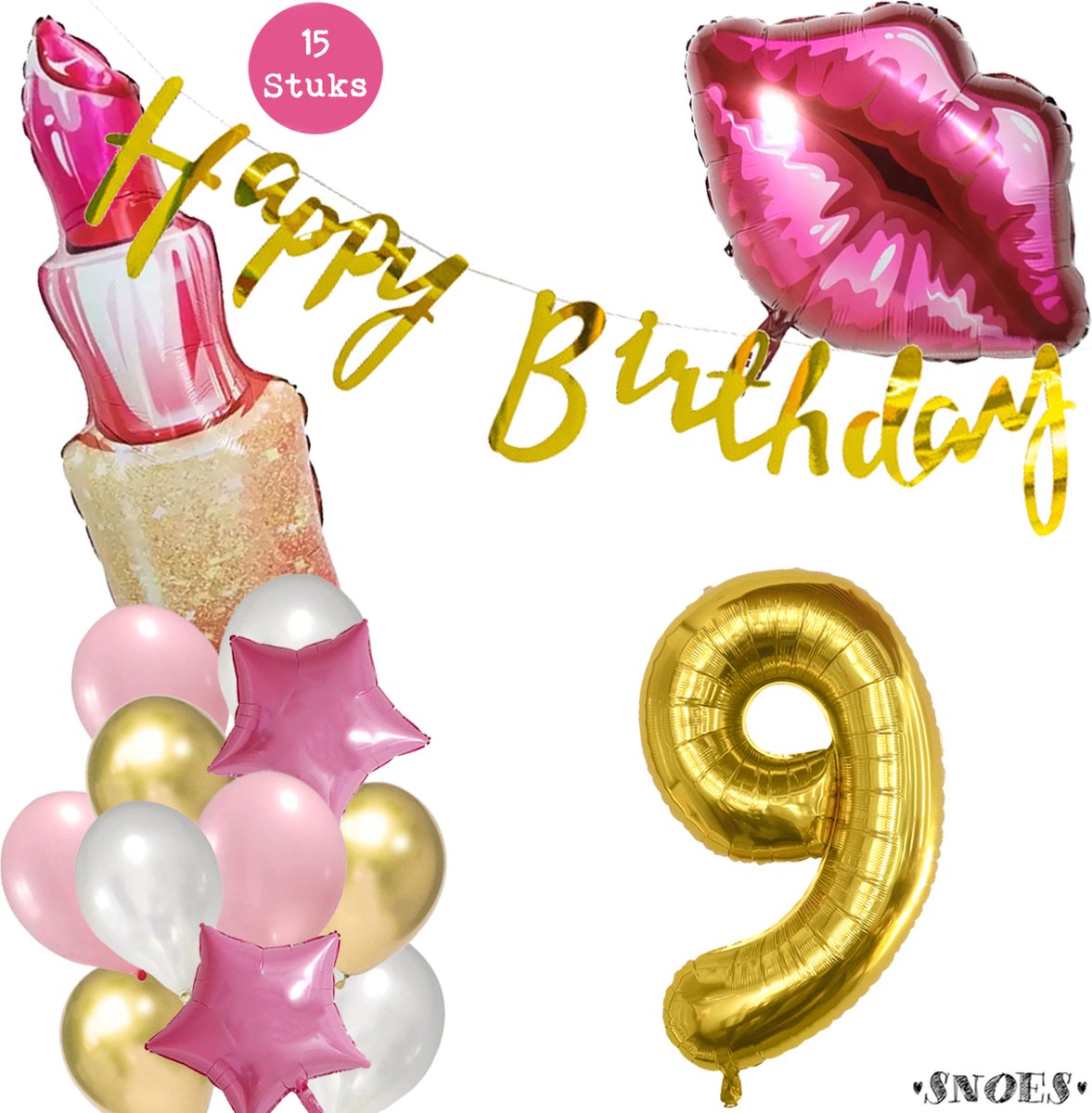 Snoes Beauty Helium Ballonnen Set 9 Jaar - Roze en Gouden Folieballonnen - Verjaardag Versiering - Slinger Goud