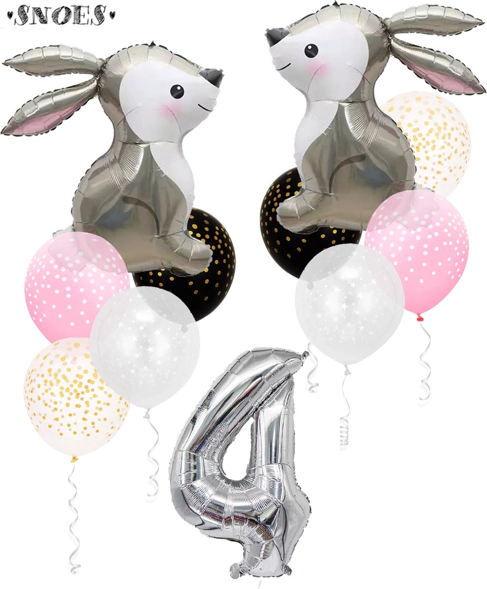 Snoes Bosdier Konijn Sweet Rabbit Ballonnen Set 4 Jaar - Verjaardag Versiering - Kinderfeestje