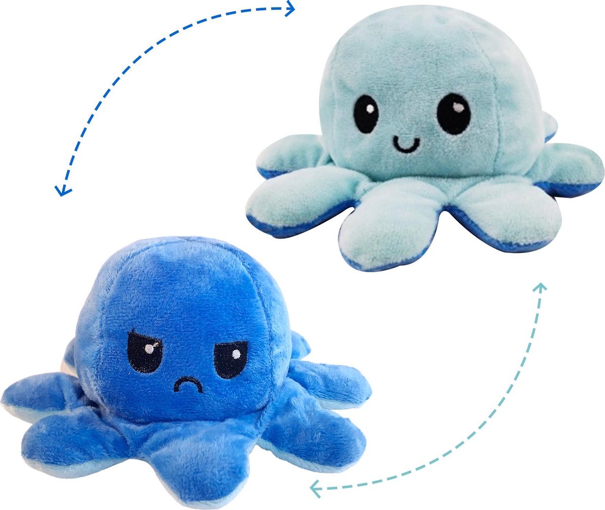 Snugglies Octopus Knuffel Blauw/Cyaan- Omkeerbaar - Emotie Knuffel - Reversible - Mood - Blij en Boos