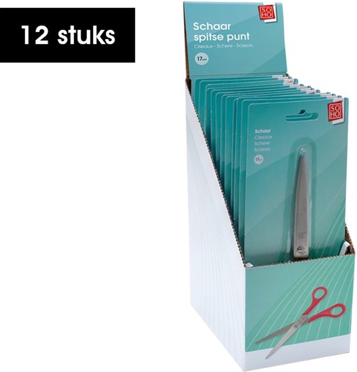 SOHO Schaar Spitse Punt – Schaar – Spitse Schaar – 17 cm – Kunststof – 4 trendy kleuren – 12 stuks