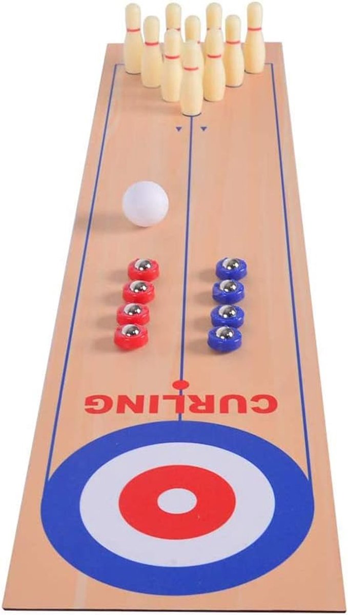   Mini Sjoel- & Curling Game 3-in-1 – Tafelspel Met Opvouwbare Speelmat – Inclusief 16 Curlingstenen & 10 Bowlingballen – Familie- en Reisspel Voor Kinderen En Volwassenen