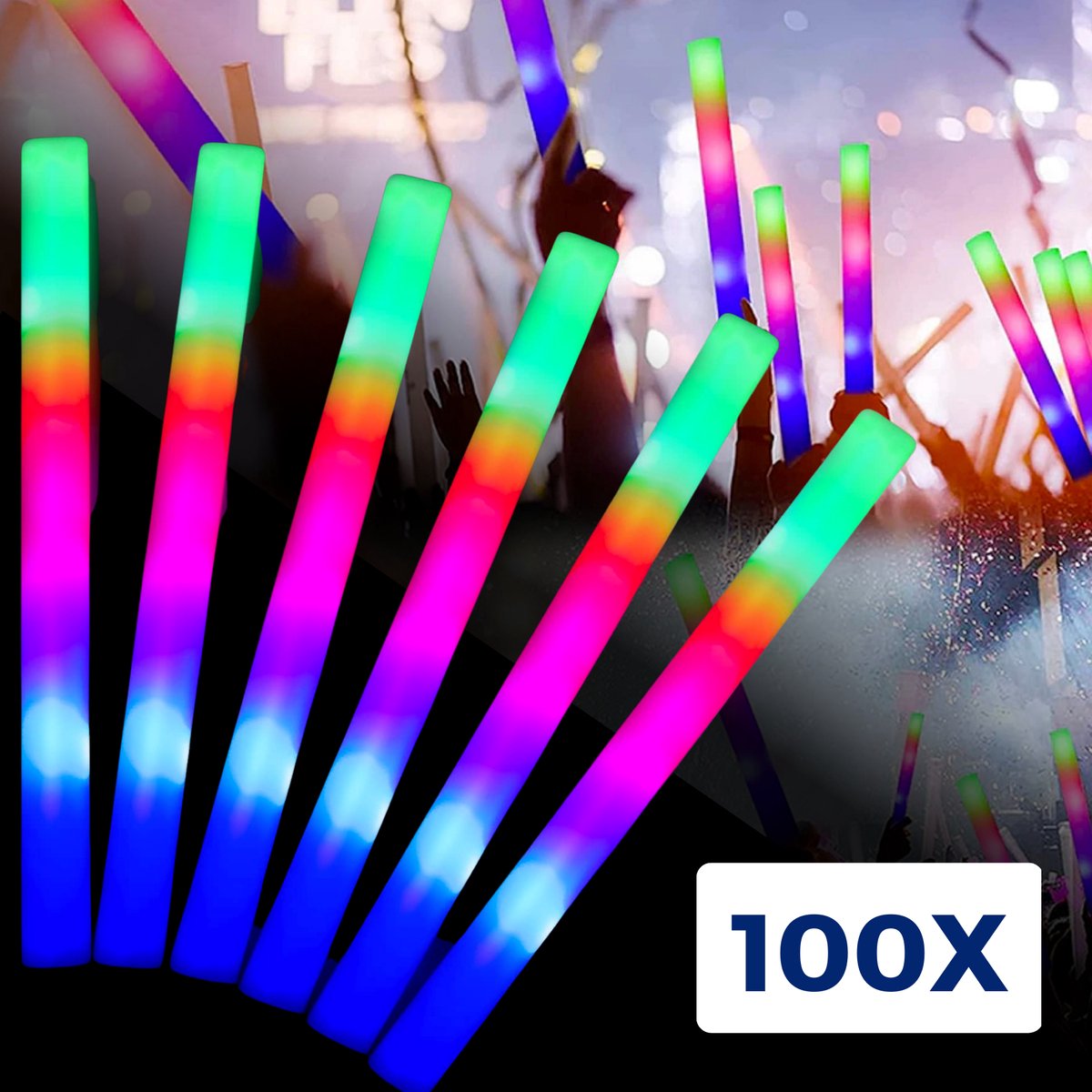 100x Led Foam Sticks - Multicolor Led - Lange Brandduur - Neon Party Sticks - Verjaardag Feest Versiering - Foam Lichtstaaf - Glow in The Dark