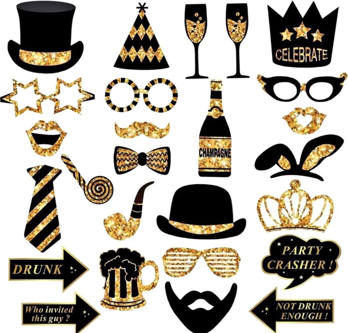   Photobooth Props Set - 26 Stuks - Feest & Bruiloft Maskers - Fotohokje Rekwisieten - Goud & Zwart