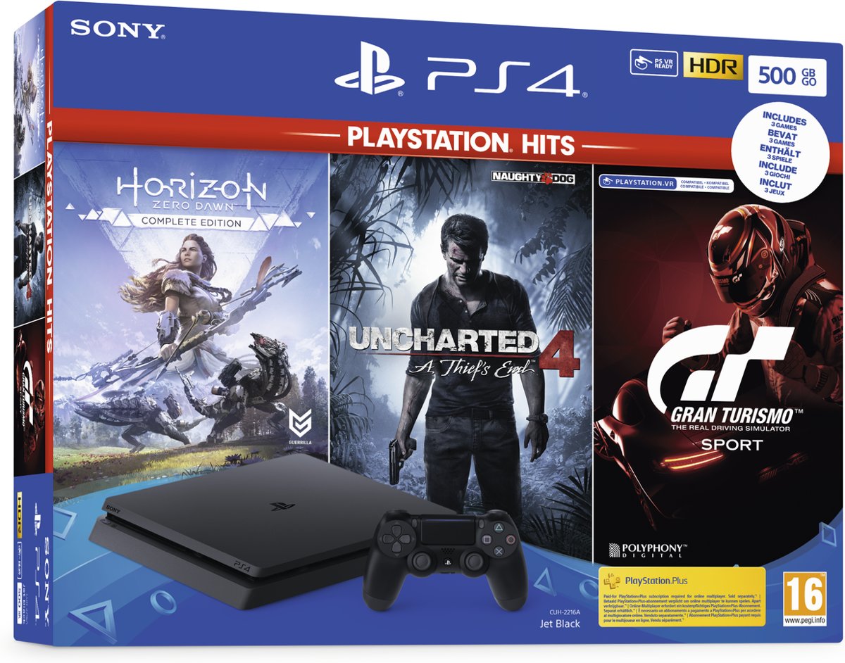 Sony PlayStation 4 Slim 500 GB + Horizon: Zero Dawn + Uncharted 4 + GT Sport