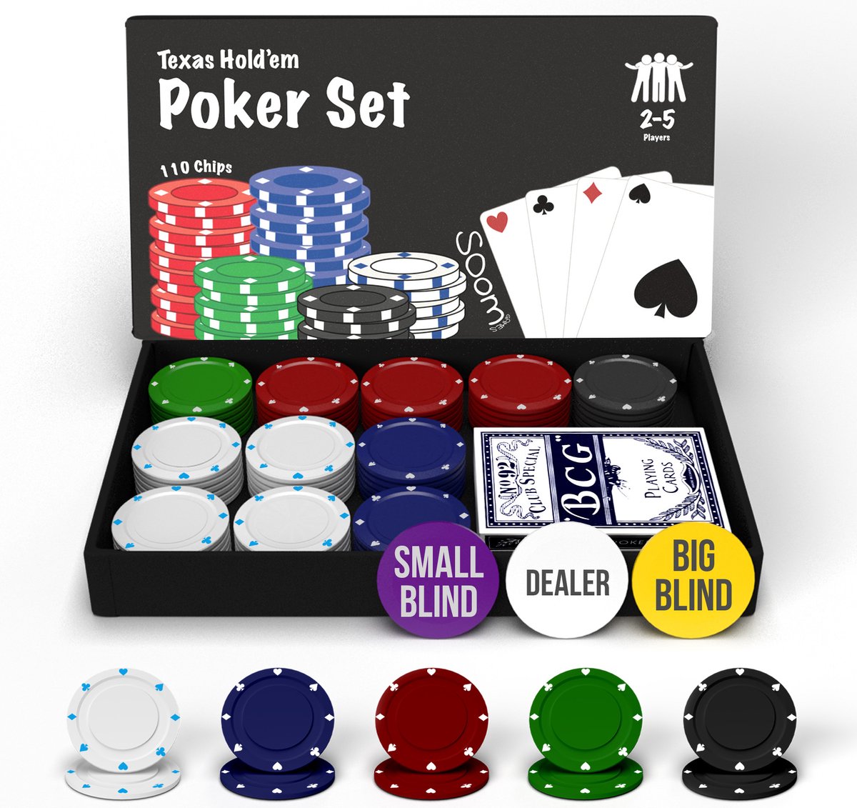     met 110 Poker Chips (2-5 Spelers) - Compacte Texas Holdem Poker Set Inclusief Kaartspel, Big Blind Button, Small Blind Button, Dealer Button