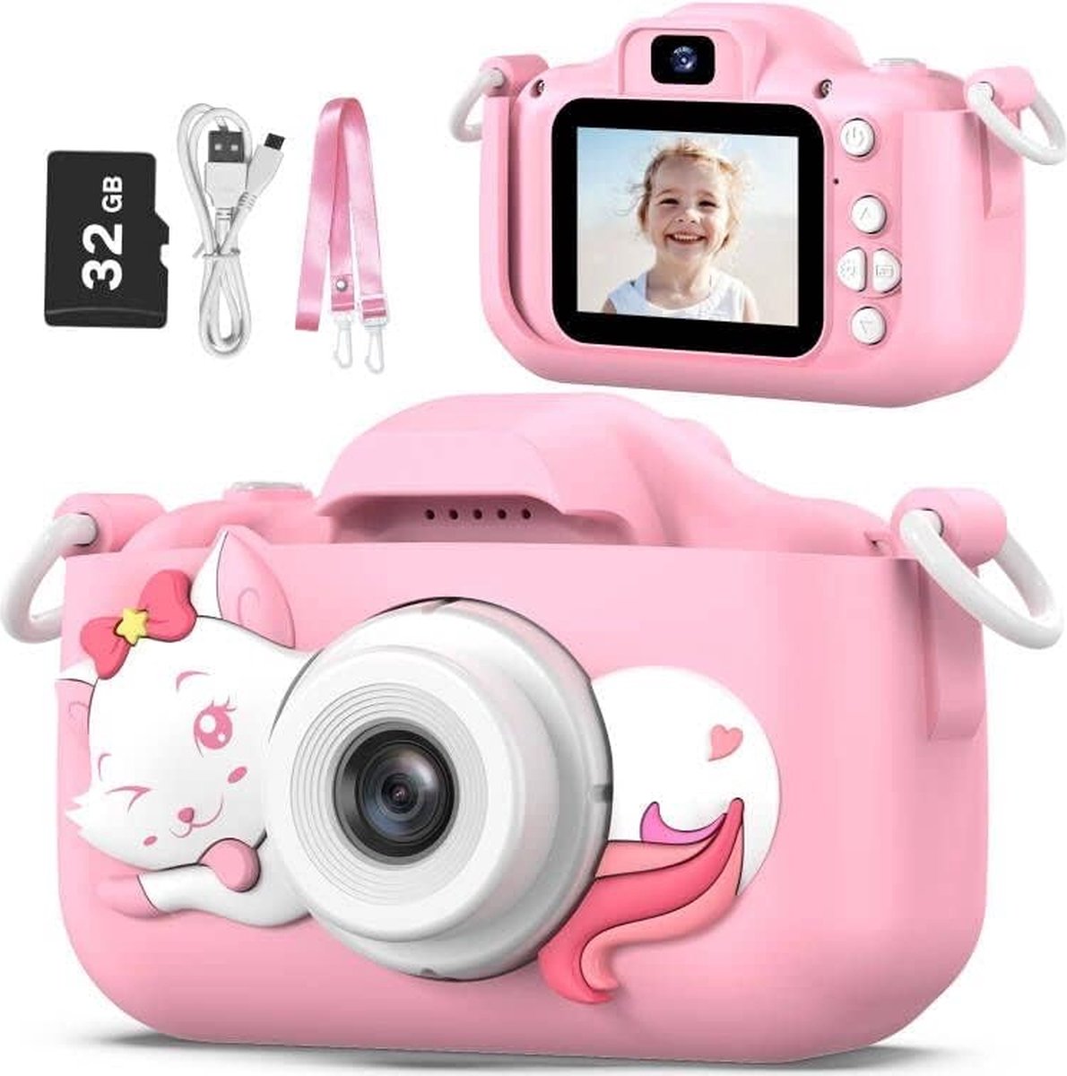   Digitale Kindercamera - 32GB SD-kaart - 1080P video - Digitale Kindercamera HD 1080p - Fototoestel voor Kinderen - Roze Kat