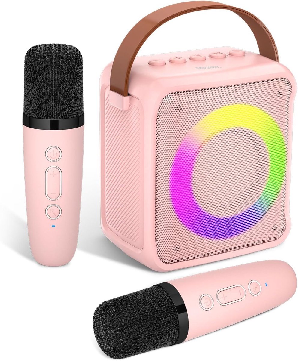  Draagbare Karaoke set - Incl. 2 draadloze karaoke microfoons - Bluetooth Speaker - Voor Volwassenen en Kinderen - Roze