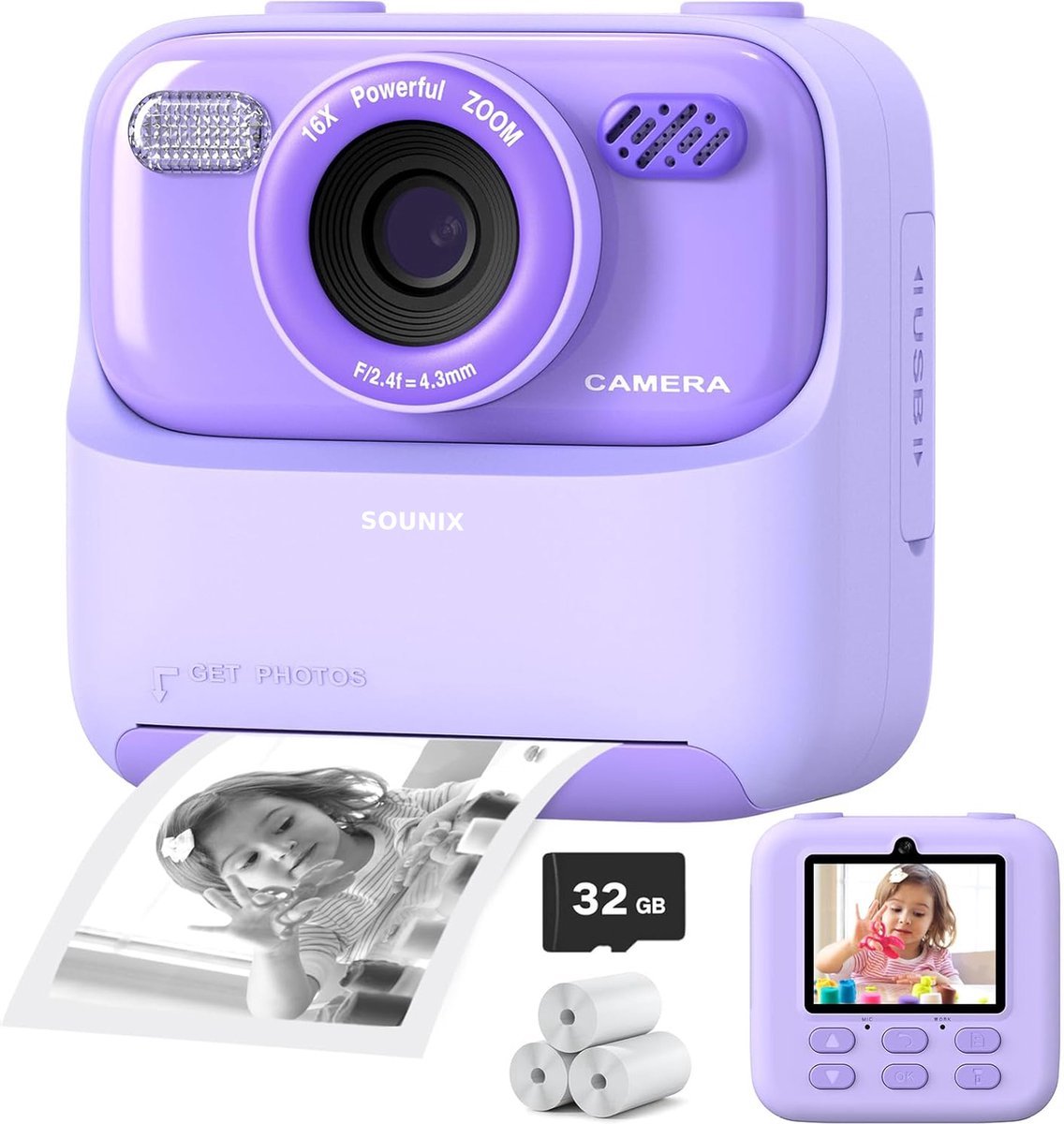   Kindercamera Full HD met Printer - Selfie Camera - met 32G SD kaart - Digitale Camera Kinderen - Foto en Video - Spelletjes - Paars