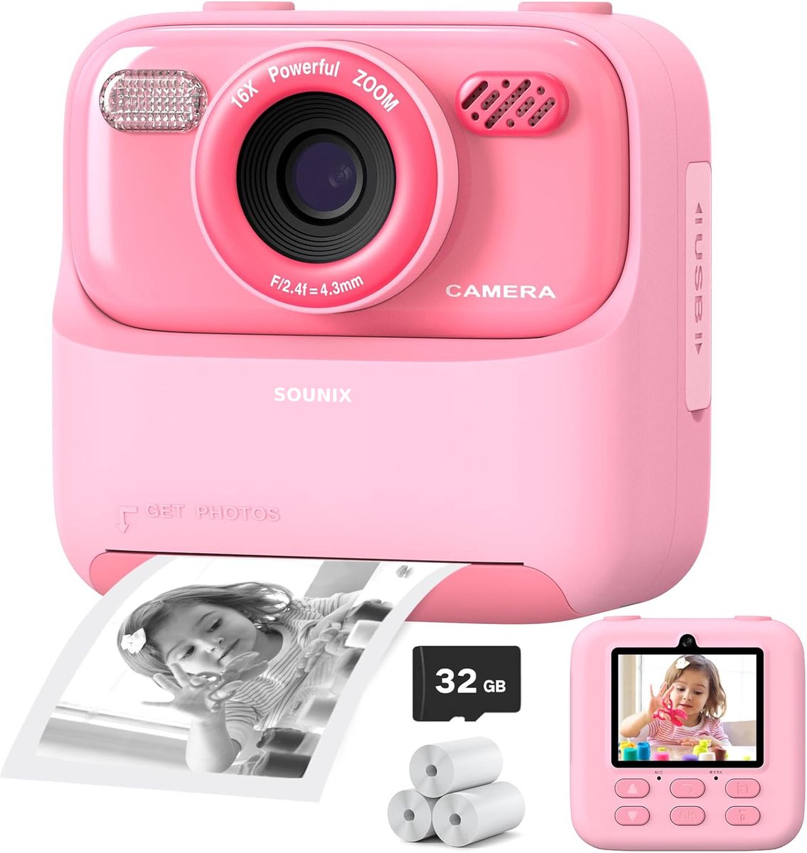   Kindercamera Full HD met Printer - Selfie Camera - met 32G SD kaart - Digitale Camera Kinderen - Foto en Video - Spelletjes - Roze