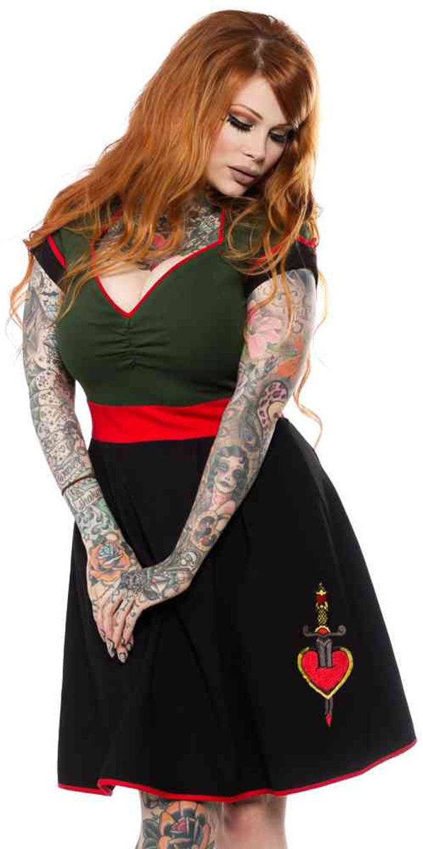 Sourpuss Dagger Dollface jurk zwart/groen - L