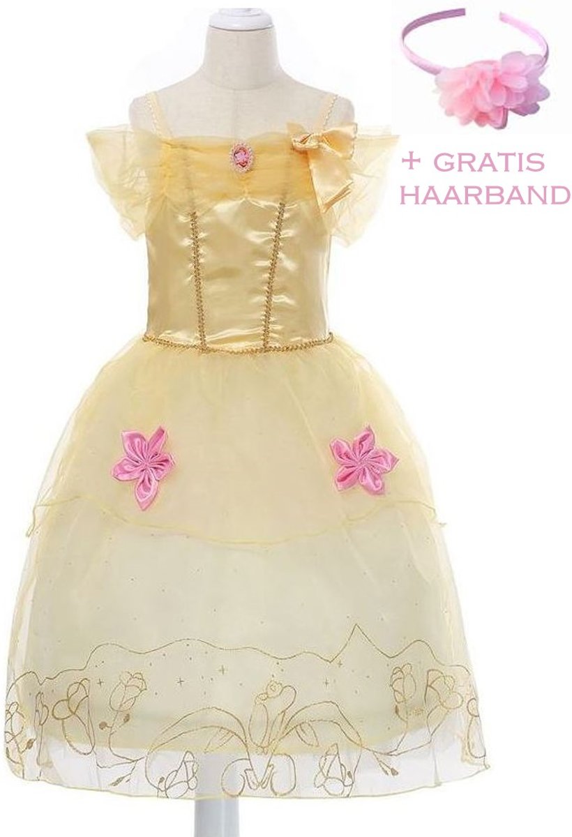 Belle jurk Prinsessen jurk verkleedjurk 128-134 (140) geel roze met broche + GRATIS haarband