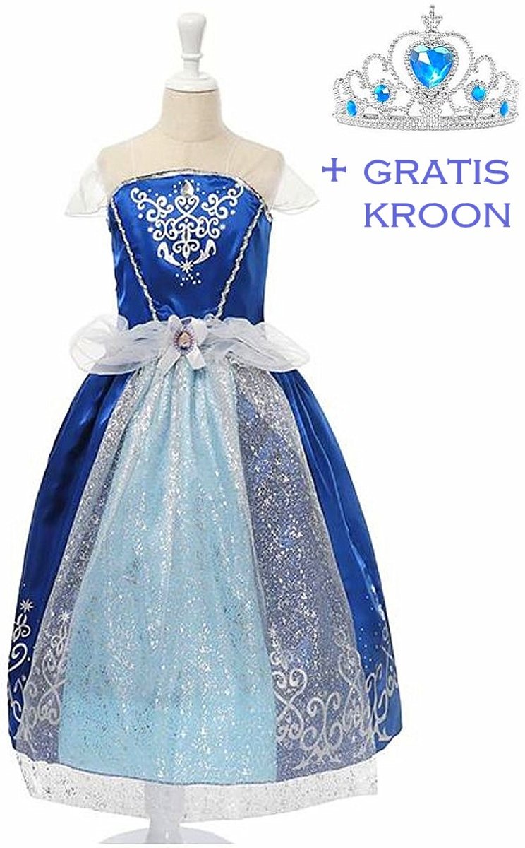 Cinderella Prinsessen jurk verkleedjurk 128-134 (140) donker blauw met broche + GRATIS kroon