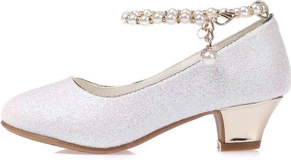 Communie schoenen - Prinsessen schoenen wit glitter met pareltjes - maat 28 (binnenmaat 18 cm) bij bruidsmeisjes jurk